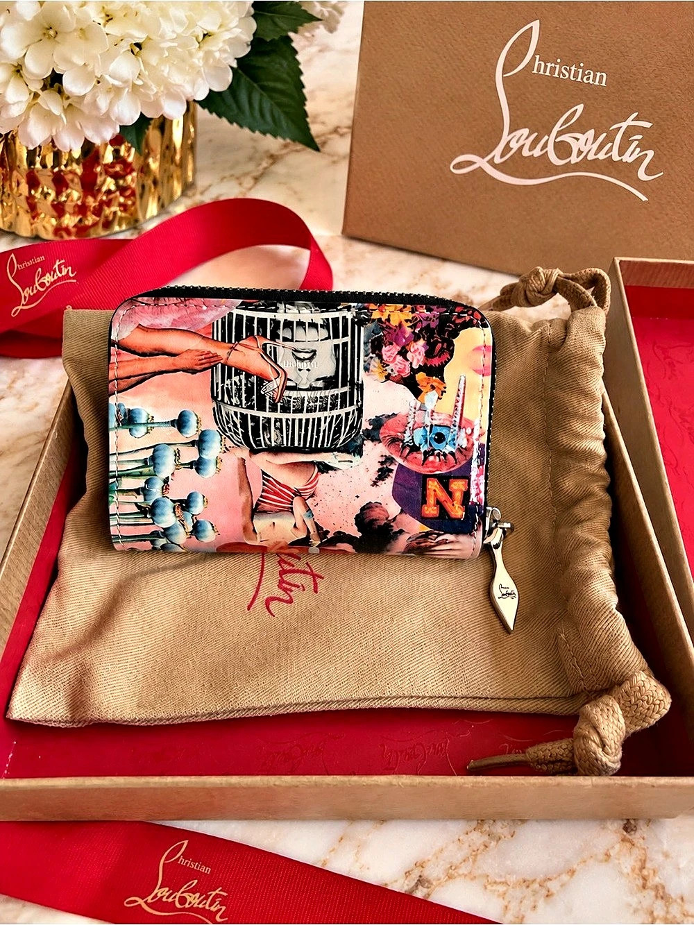 Christian Louboutin Graphic Print Zip Wallet Red Interior Box Dust Bag NWT